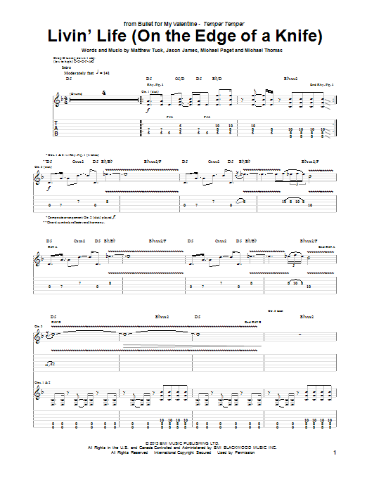 Download Bullet For My Valentine Livin' Life (On The Edge Of A Knife) Sheet Music and learn how to play Guitar Tab PDF digital score in minutes