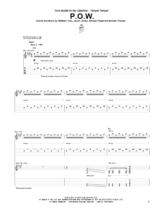 Download Bullet For My Valentine P.O.W. Sheet Music and learn how to play Guitar Tab PDF digital score in minutes