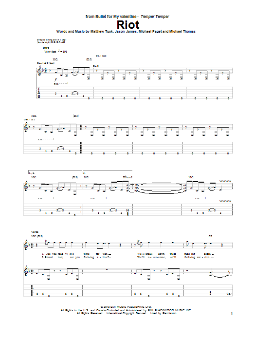 Download Bullet For My Valentine Riot Sheet Music and learn how to play Guitar Tab PDF digital score in minutes