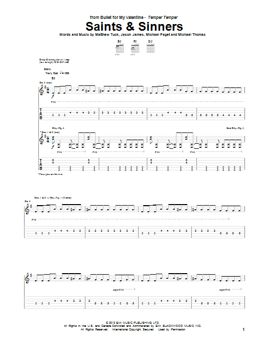 Download Bullet For My Valentine Saints & Sinners Sheet Music and learn how to play Guitar Tab PDF digital score in minutes