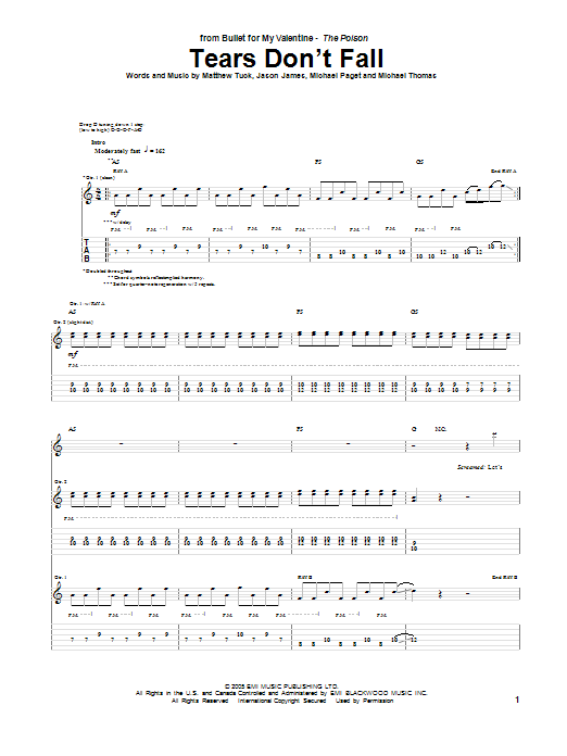 Download Bullet For My Valentine Tears Don't Fall Sheet Music and learn how to play Guitar Tab PDF digital score in minutes