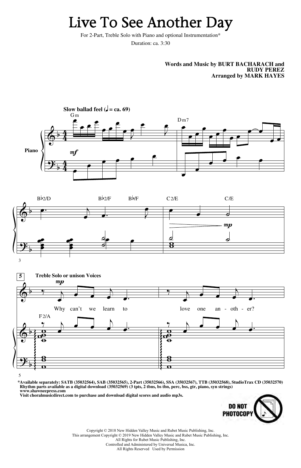 Download Burt Bacharach & Rudy Perez Live To See Another Day (arr. Mark Hayes) Sheet Music and learn how to play TTBB Choir PDF digital score in minutes