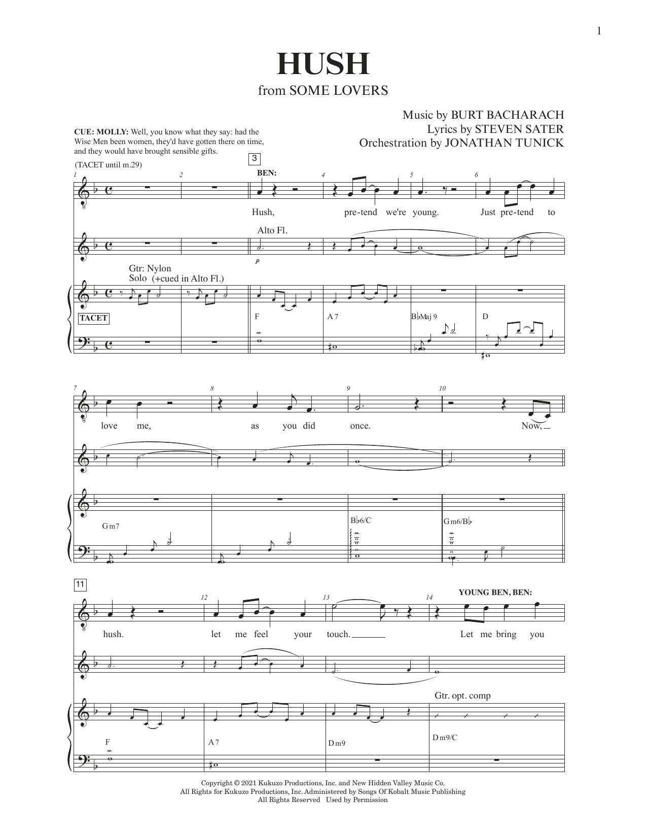 Download Burt Bacharach & Steven Sater Hush (from Some Lovers) Sheet Music and learn how to play Piano & Vocal PDF digital score in minutes