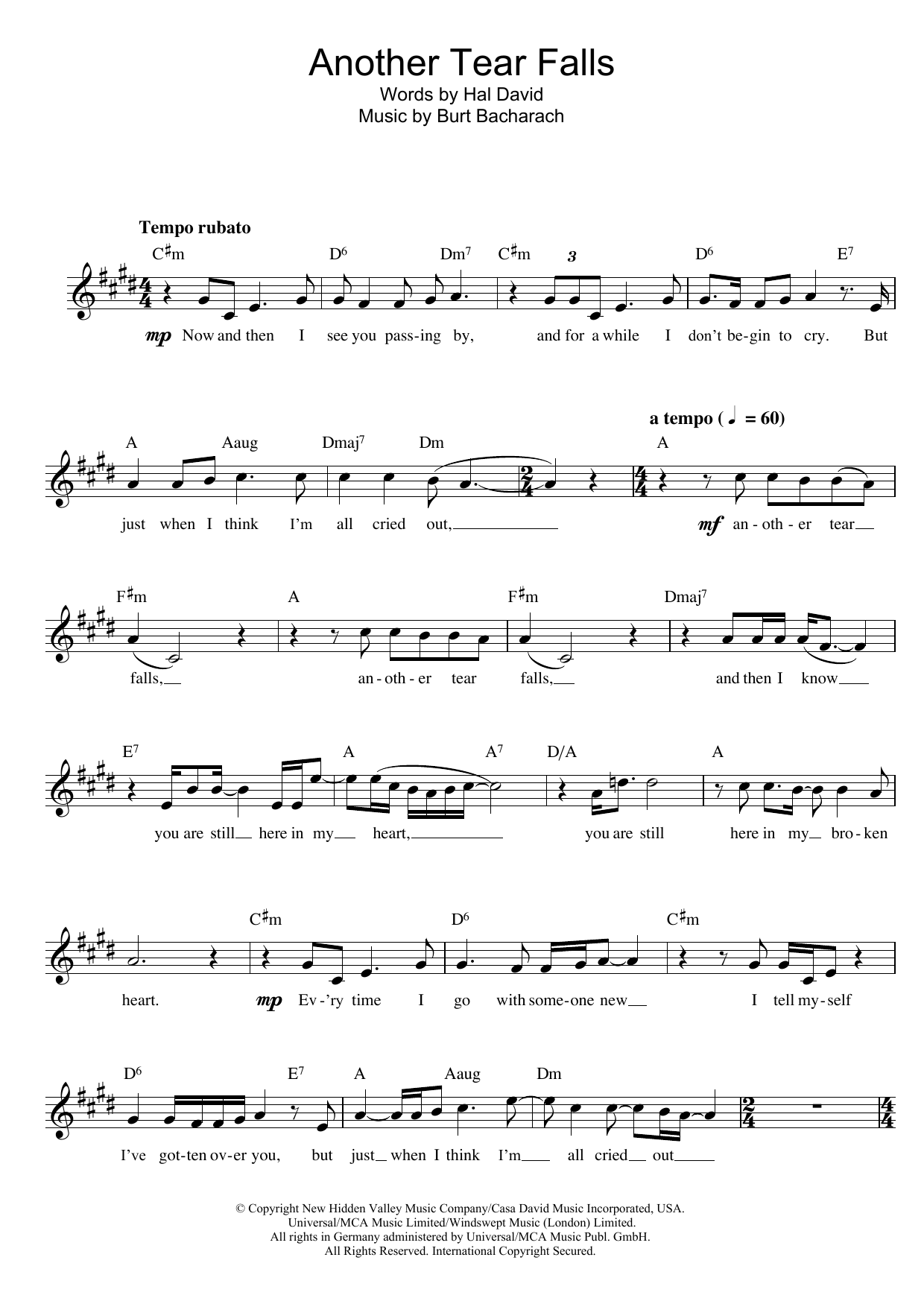 Download Bacharach & David Another Tear Falls Sheet Music and learn how to play Melody Line, Lyrics & Chords PDF digital score in minutes