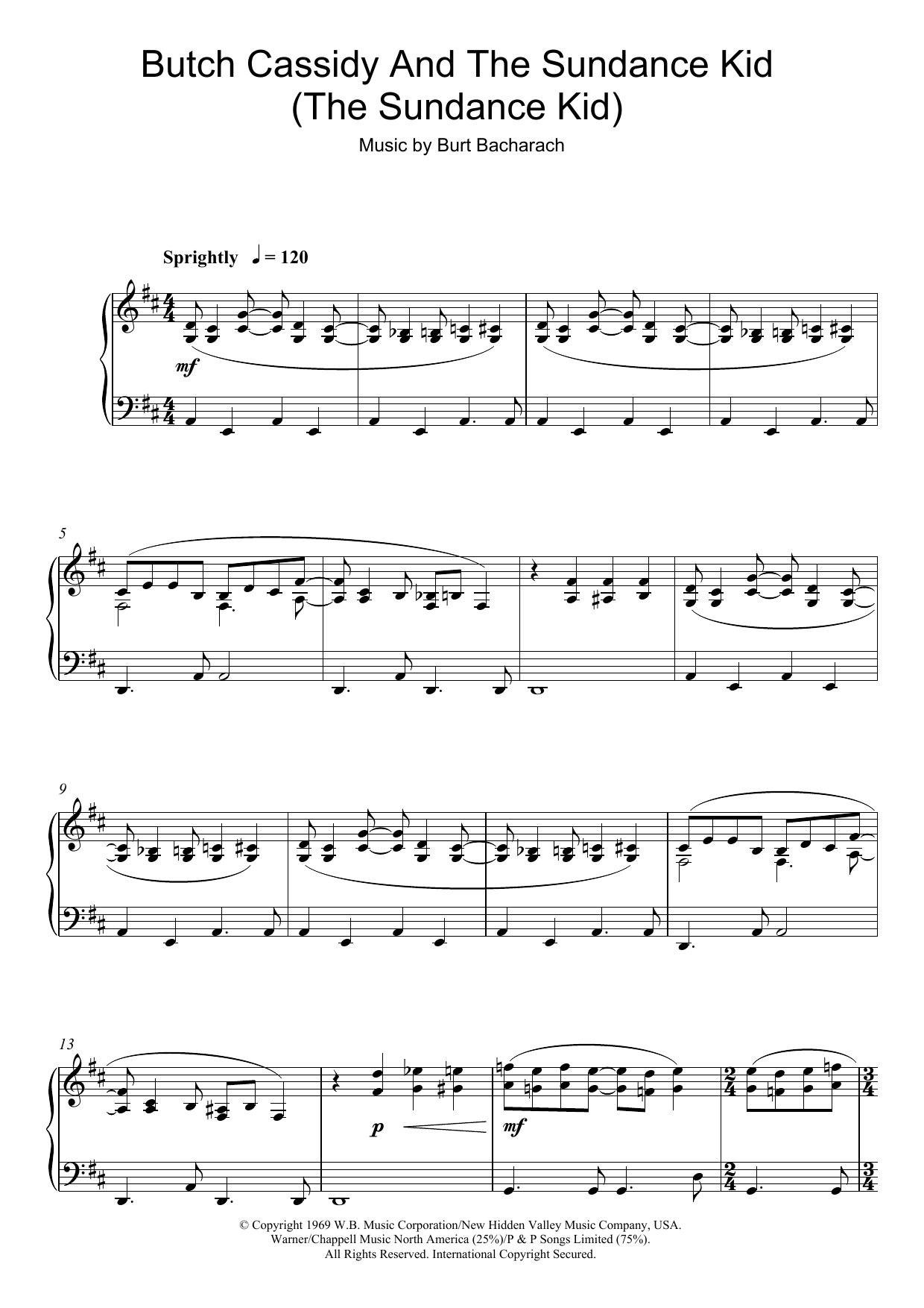 Download Burt Bacharach Butch Cassidy And The Sundance Kid (The Sundance Kid) Sheet Music and learn how to play Piano PDF digital score in minutes