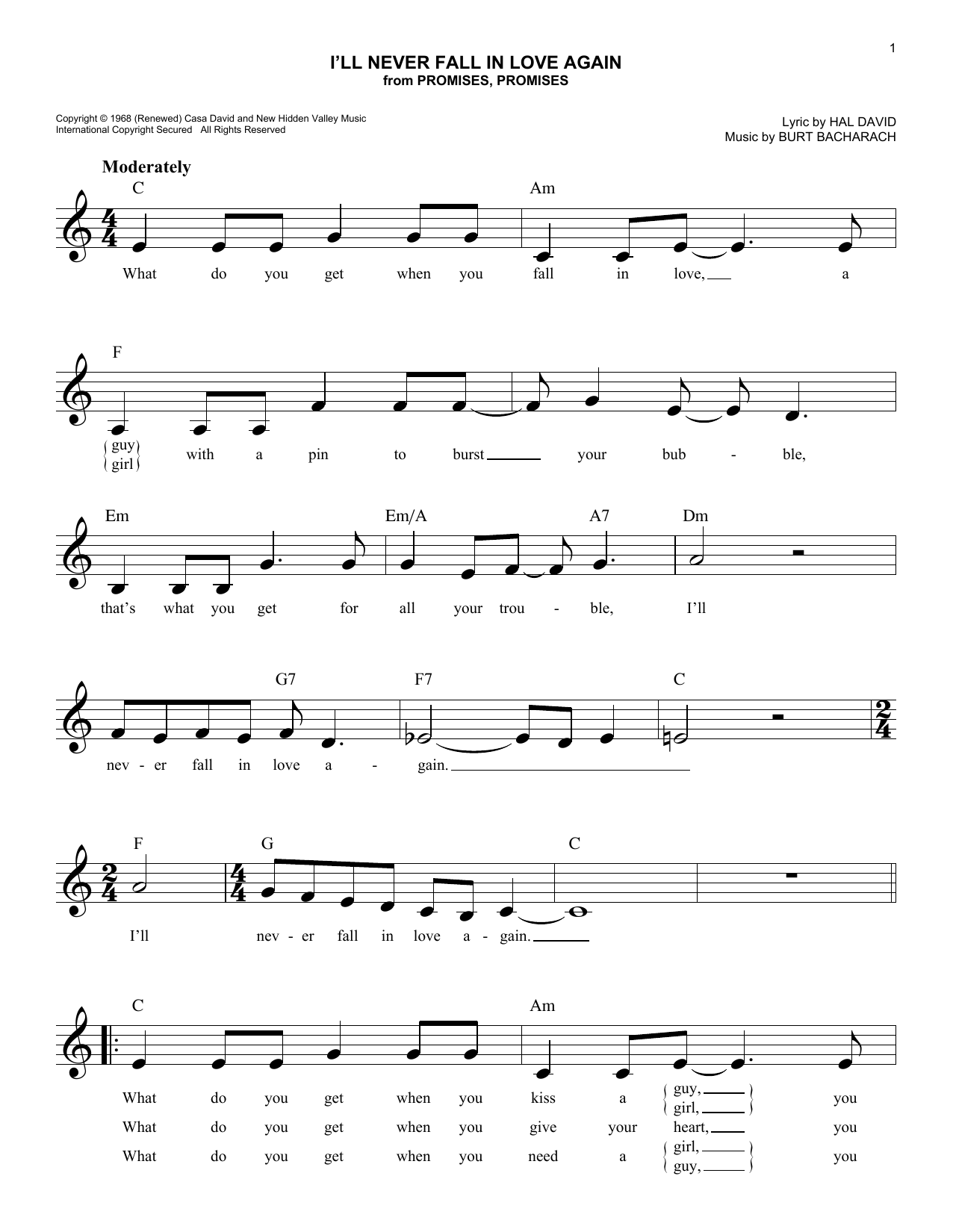 Download Burt Bacharach I'll Never Fall In Love Again Sheet Music and learn how to play Piano Chords/Lyrics PDF digital score in minutes