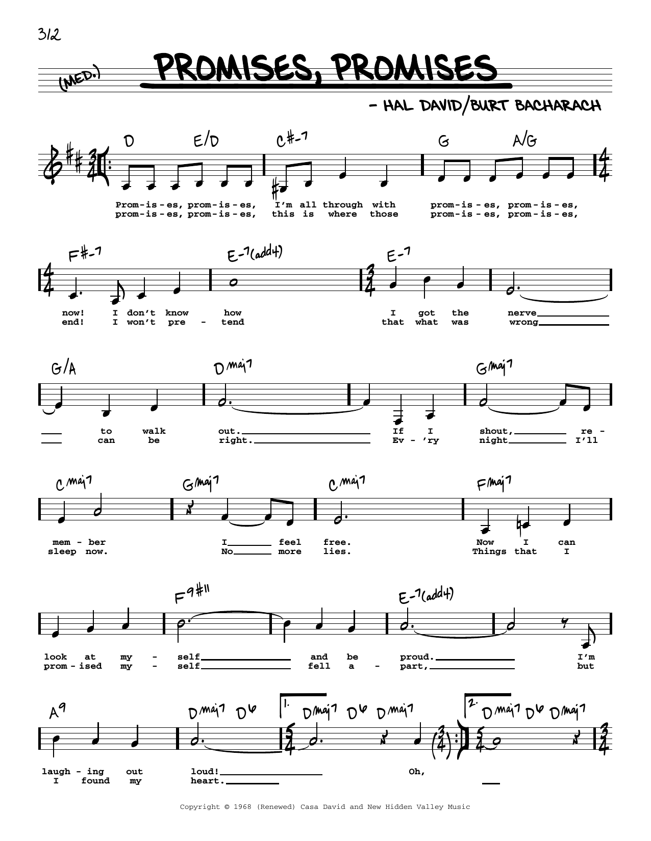 Download Burt Bacharach Promises, Promises (Low Voice) Sheet Music and learn how to play Real Book – Melody, Lyrics & Chords PDF digital score in minutes