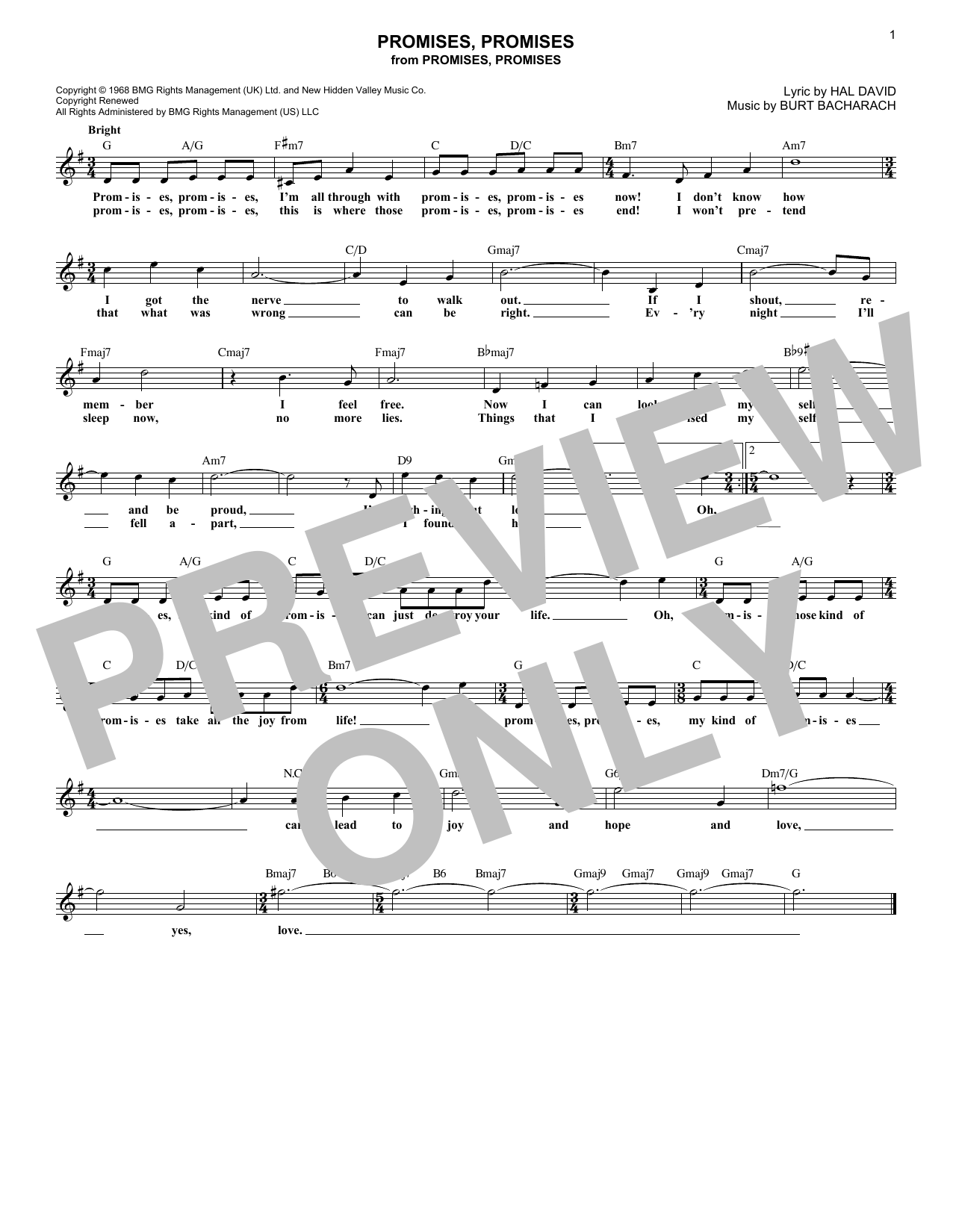 Download Burt Bacharach Promises, Promises Sheet Music and learn how to play Melody Line, Lyrics & Chords PDF digital score in minutes