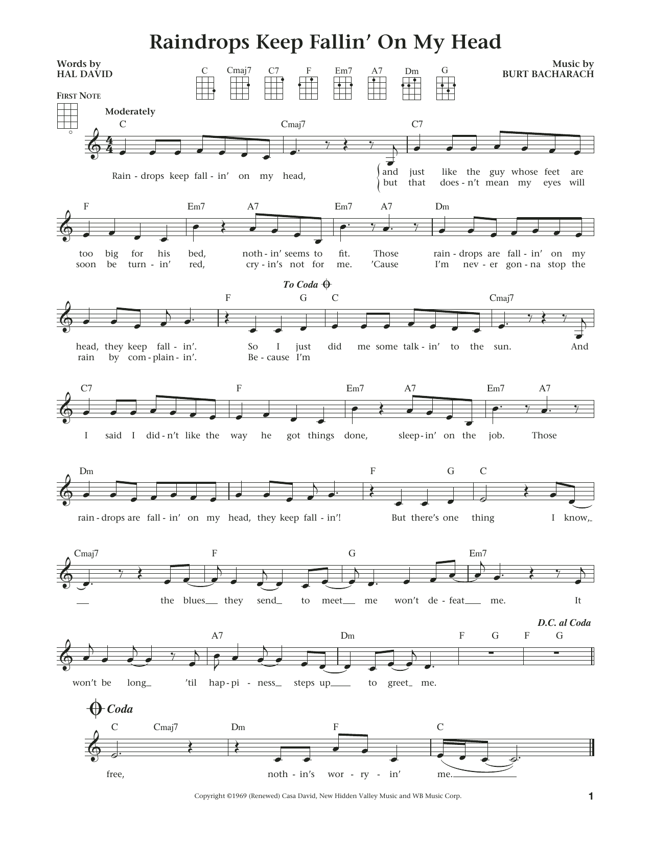 Download Burt Bacharach Raindrops Keep Fallin' On My Head Sheet Music and learn how to play Ukulele PDF digital score in minutes