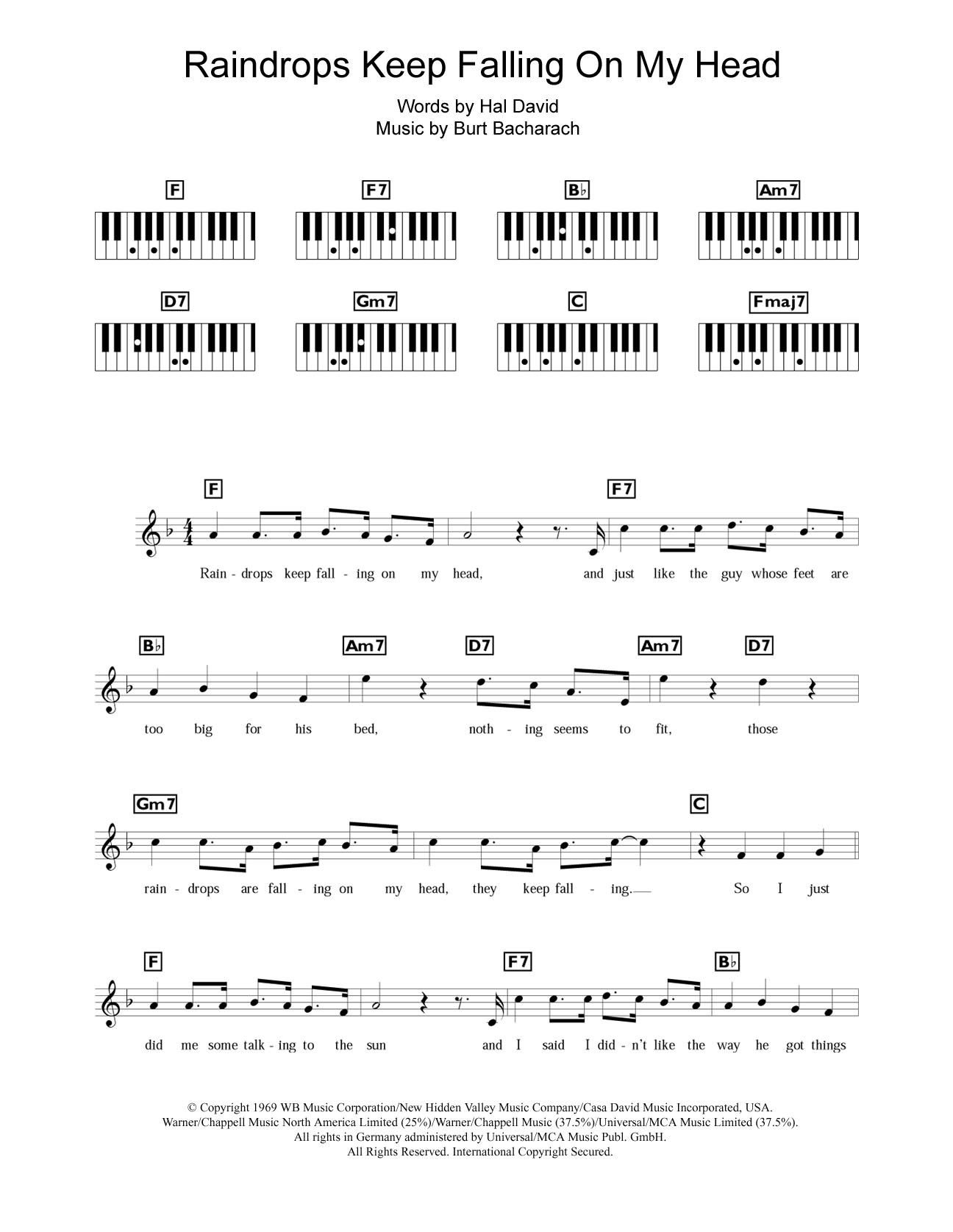 Download Burt Bacharach Raindrops Keep Falling On My Head Sheet Music and learn how to play Piano Chords/Lyrics PDF digital score in minutes