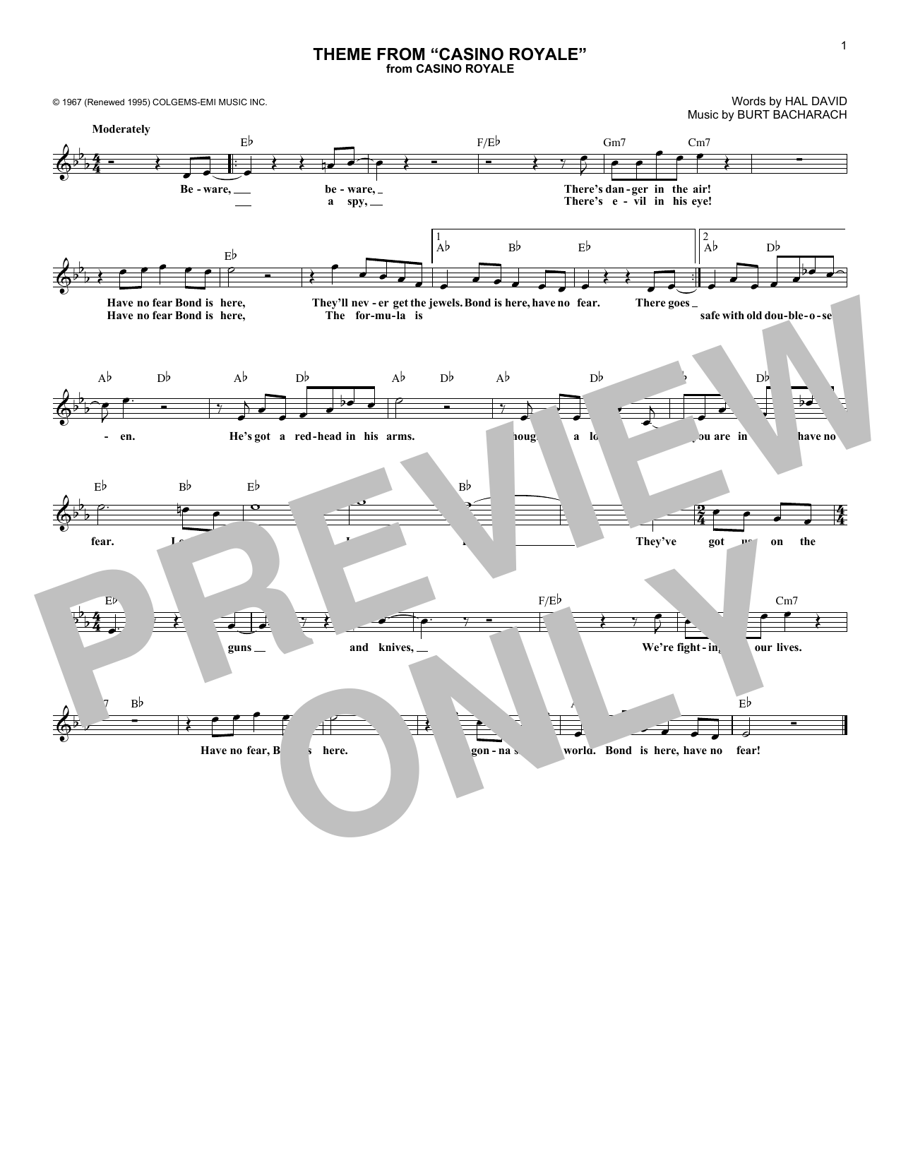 Download Burt Bacharach Theme From Casino Royale Sheet Music and learn how to play Melody Line, Lyrics & Chords PDF digital score in minutes