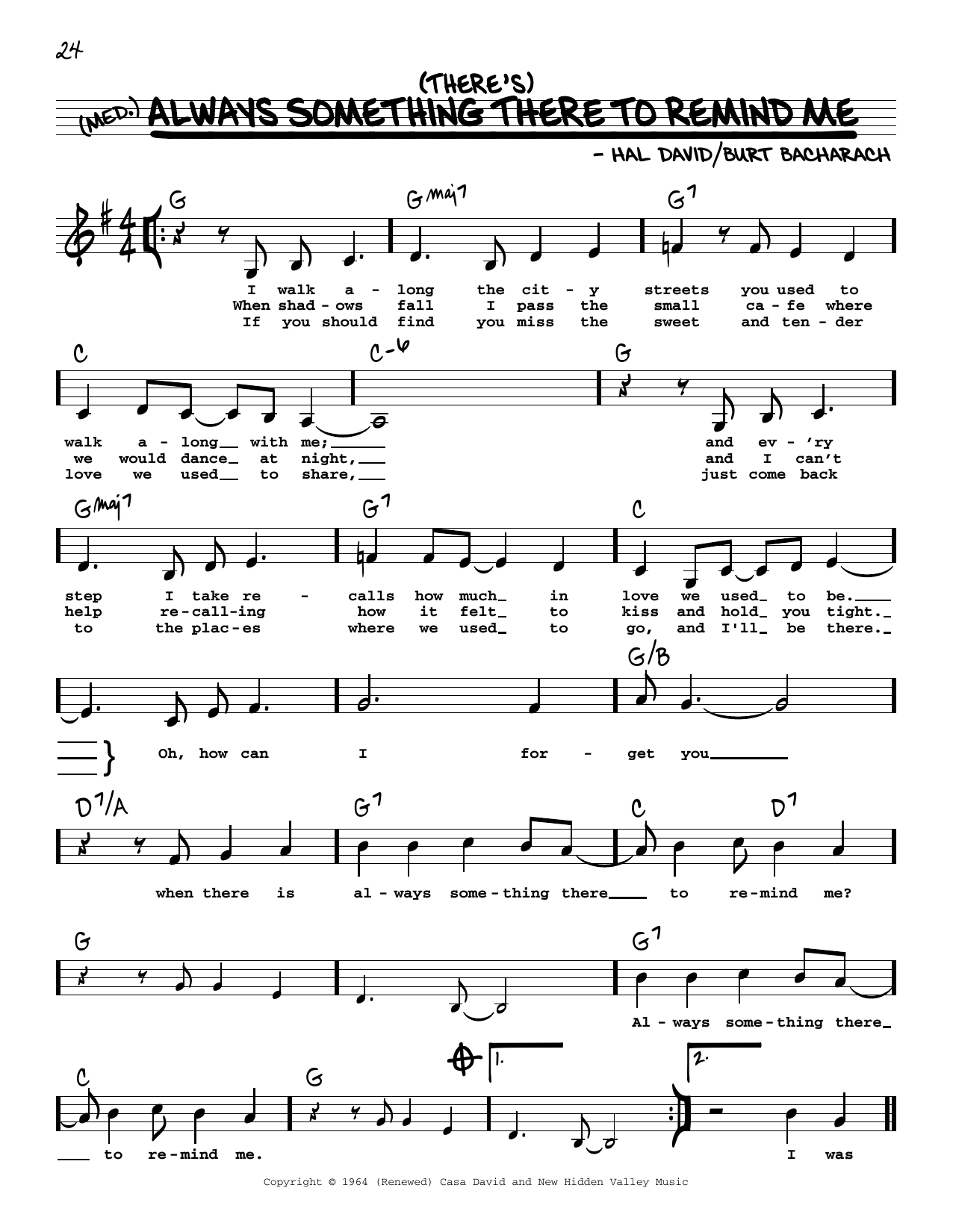 Download Burt Bacharach (There's) Always Something There To Remind Me (Low Voice) Sheet Music and learn how to play Real Book – Melody, Lyrics & Chords PDF digital score in minutes