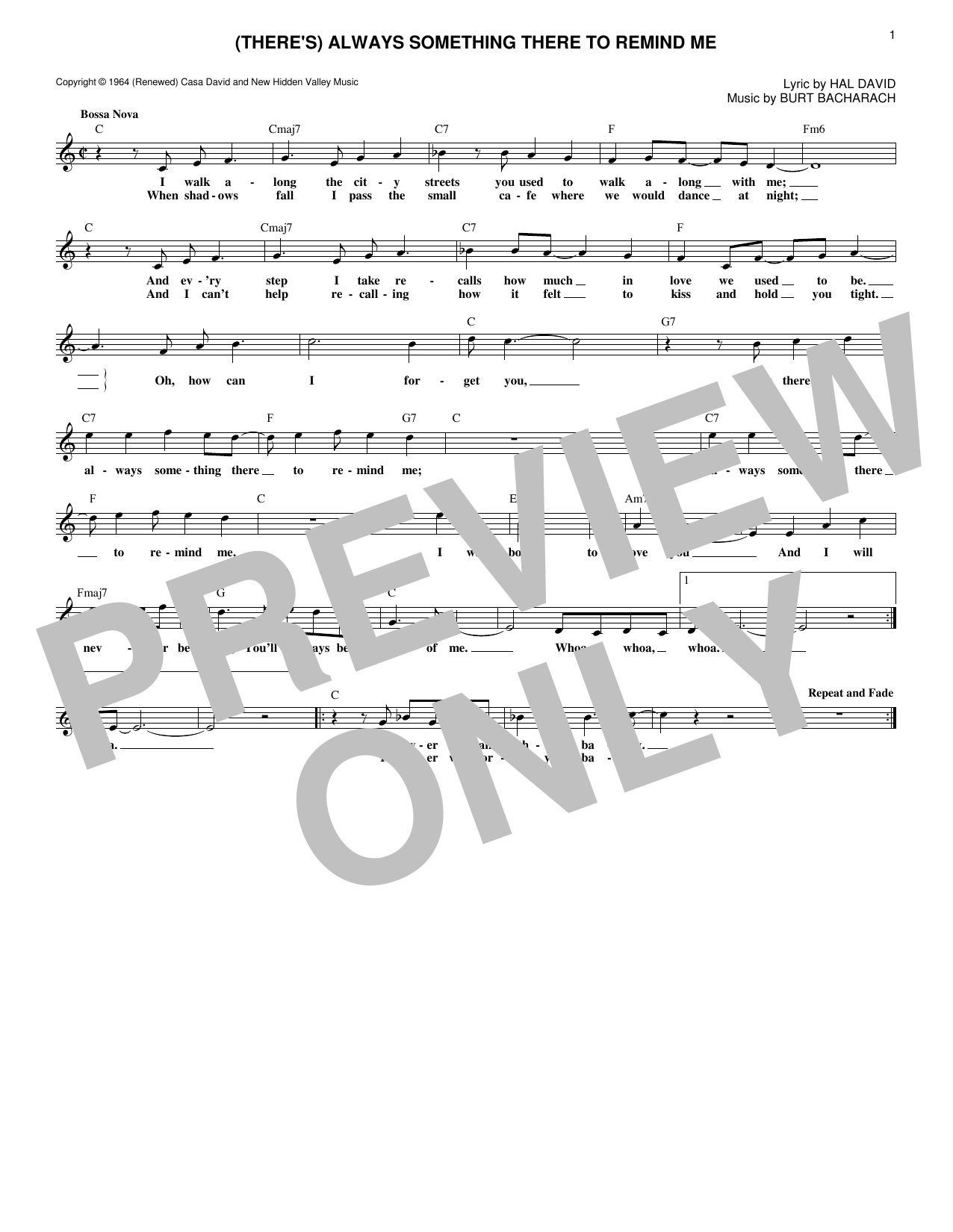 Download Burt Bacharach (There's) Always Something There To Remind Me Sheet Music and learn how to play Melody Line, Lyrics & Chords PDF digital score in minutes
