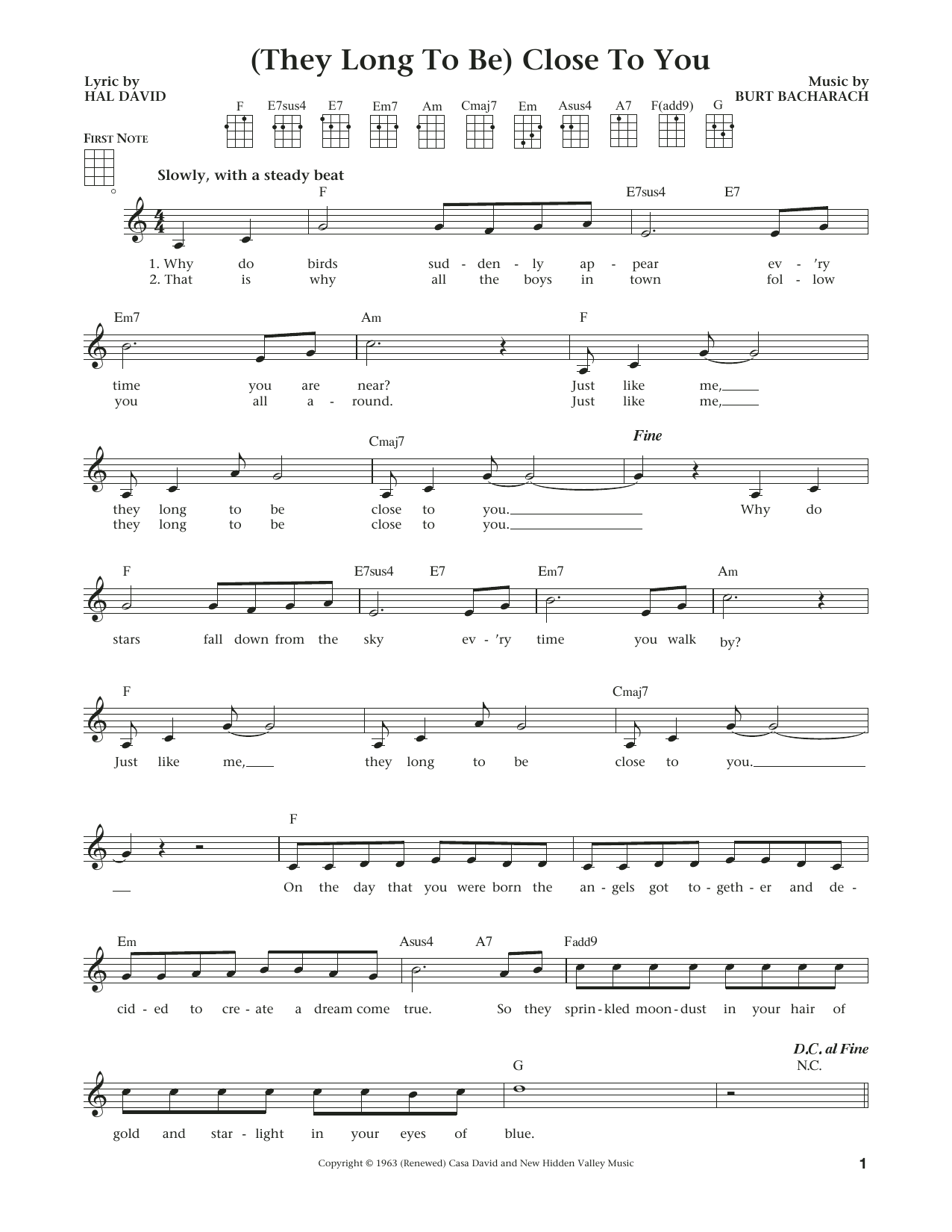 Download Burt Bacharach (They Long To Be) Close To You Sheet Music and learn how to play Ukulele PDF digital score in minutes