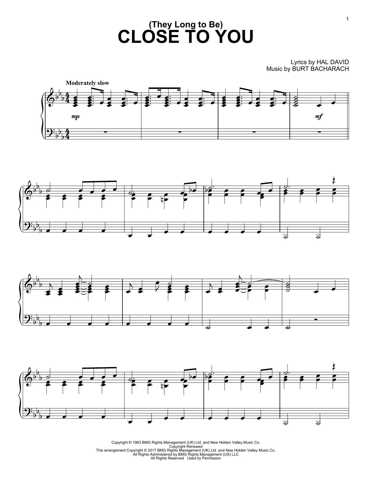 Download Burt Bacharach (They Long To Be) Close To You Sheet Music and learn how to play Piano PDF digital score in minutes