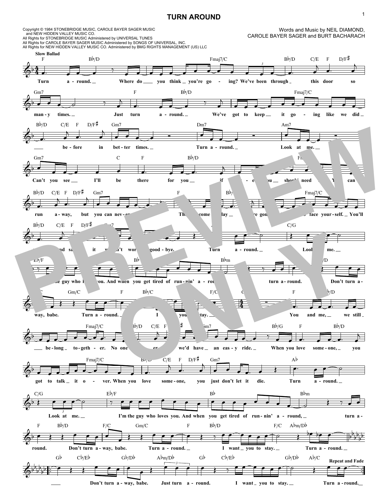 Download Burt Bacharach Turn Around Sheet Music and learn how to play Lead Sheet / Fake Book PDF digital score in minutes
