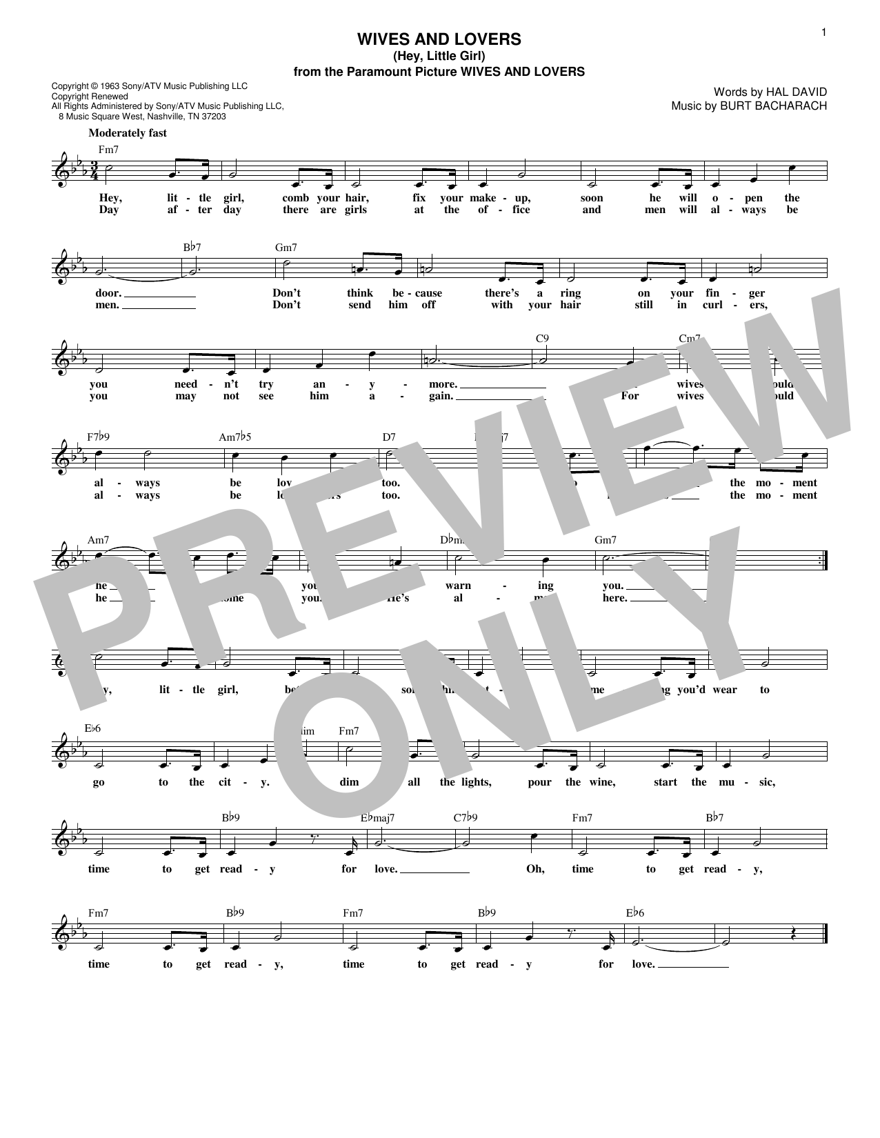 Download Burt Bacharach Wives And Lovers (Hey, Little Girl) Sheet Music and learn how to play Voice PDF digital score in minutes