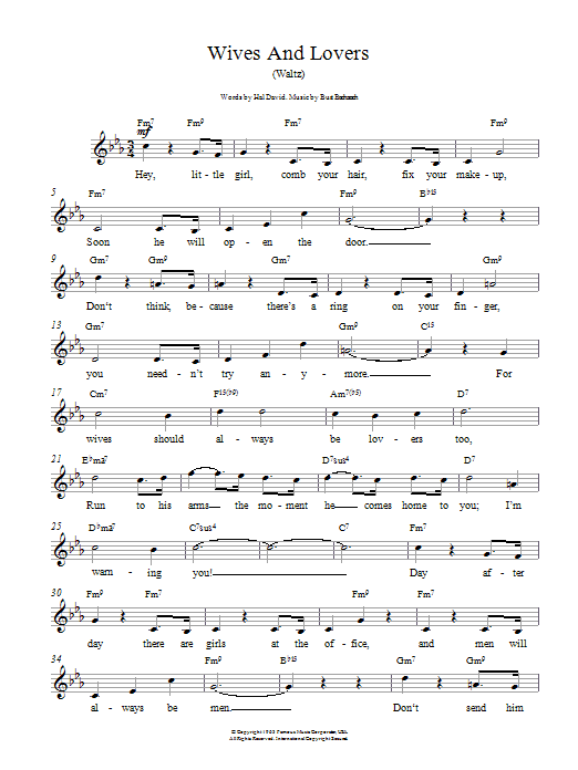 Download Bacharach & David Wives And Lovers (Hey, Little Girl) Sheet Music and learn how to play Melody Line, Lyrics & Chords PDF digital score in minutes