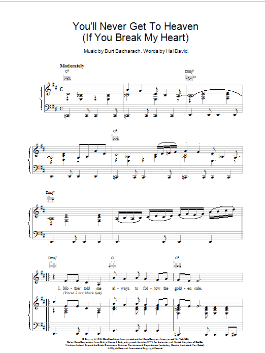 Download Bacharach & David You'll Never Get To Heaven (If You Break My Heart) Sheet Music and learn how to play Piano, Vocal & Guitar (Right-Hand Melody) PDF digital score in minutes