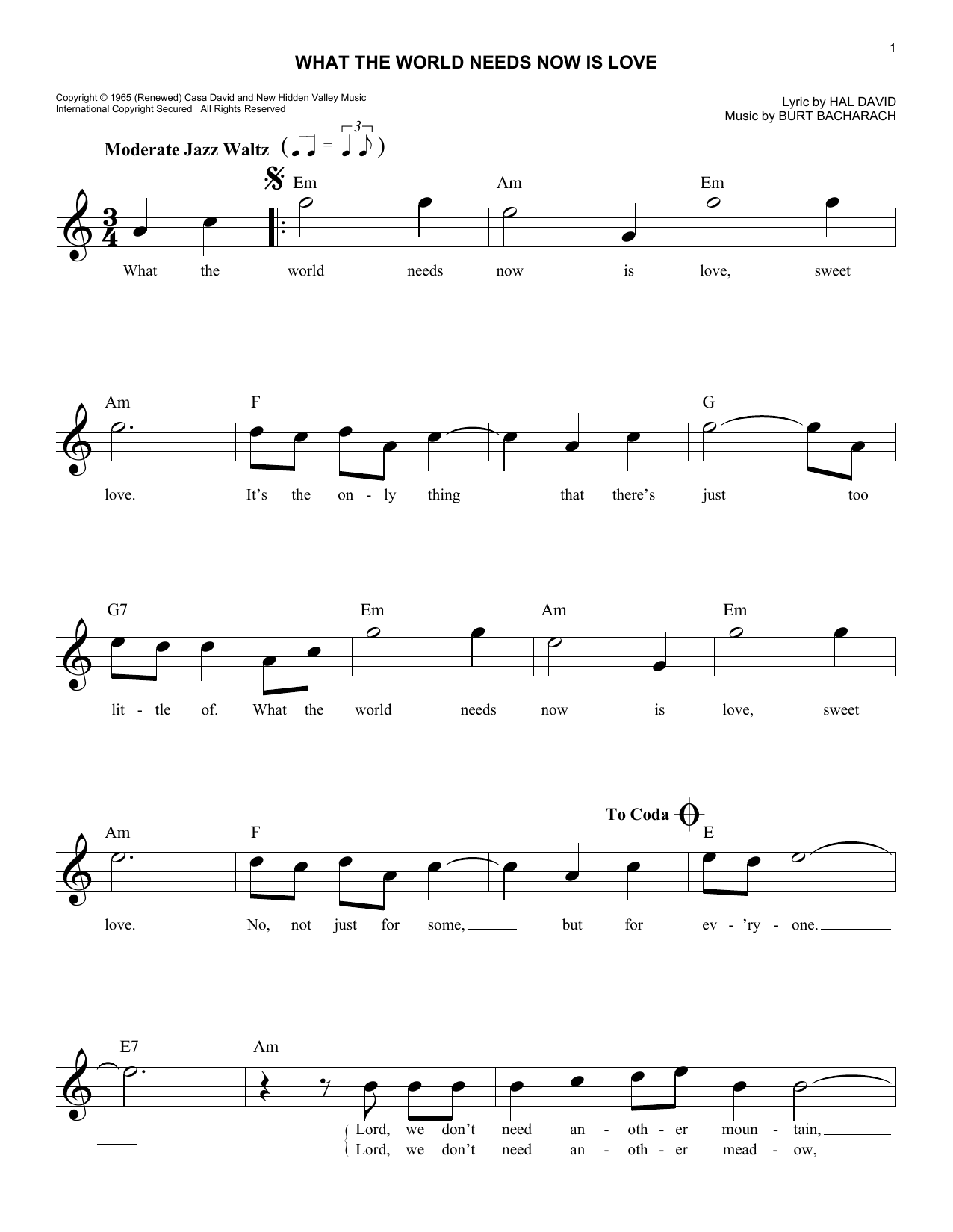 Download Bacharach & David Sheet Music and learn how to play Piano (Big Notes) PDF score in minutes