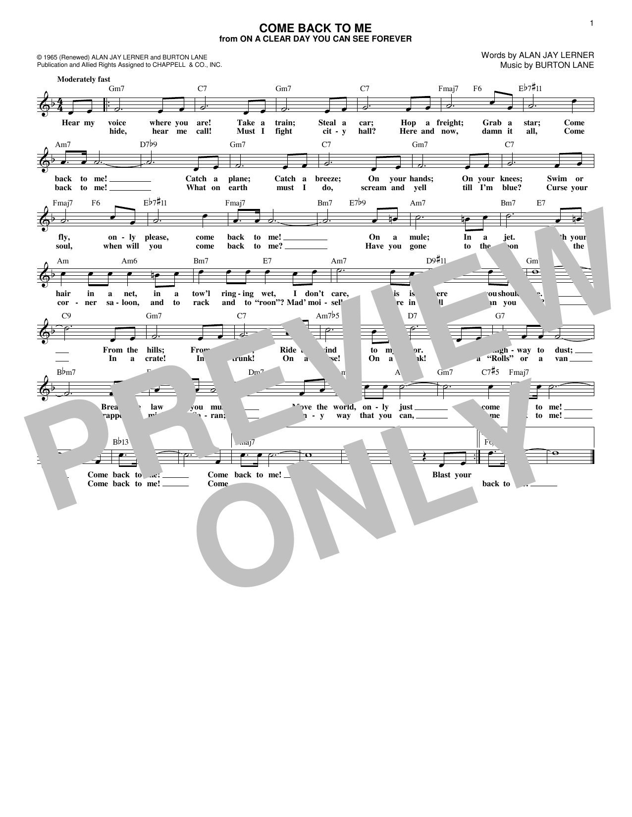 Download Burton Lane Come Back To Me Sheet Music and learn how to play Melody Line, Lyrics & Chords PDF digital score in minutes