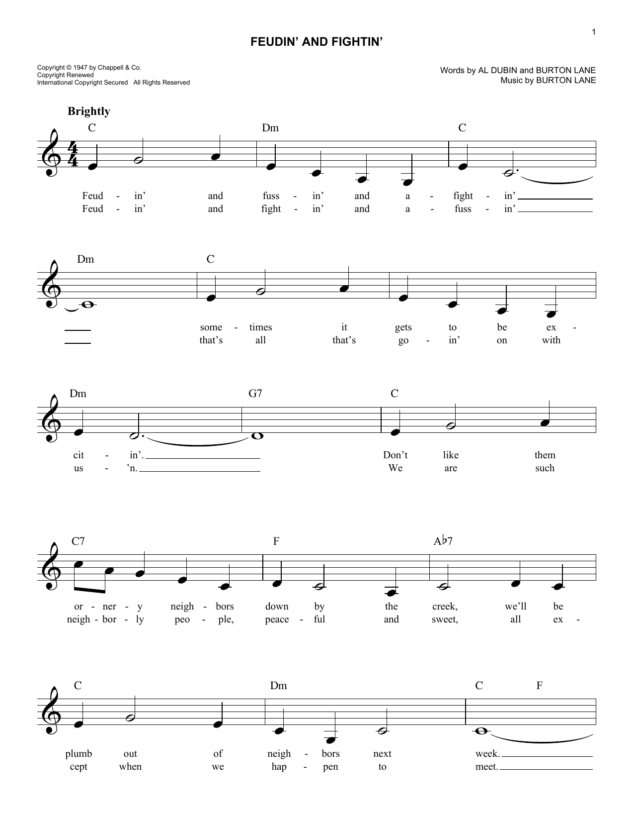 Download Burton Lane Feudin' And Fightin' Sheet Music and learn how to play Melody Line, Lyrics & Chords PDF digital score in minutes