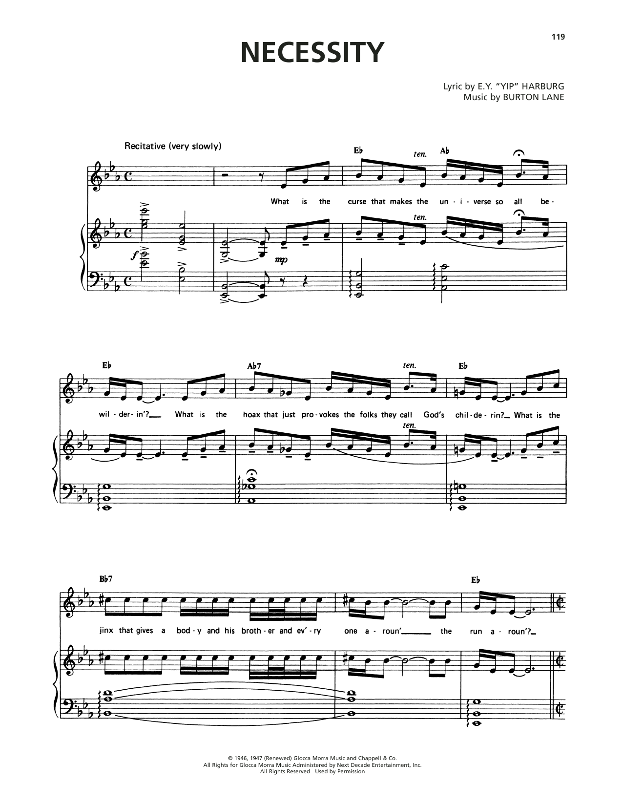 Download Burton Lane Necessity (from Finian's Rainbow) Sheet Music and learn how to play Piano, Vocal & Guitar Chords (Right-Hand Melody) PDF digital score in minutes