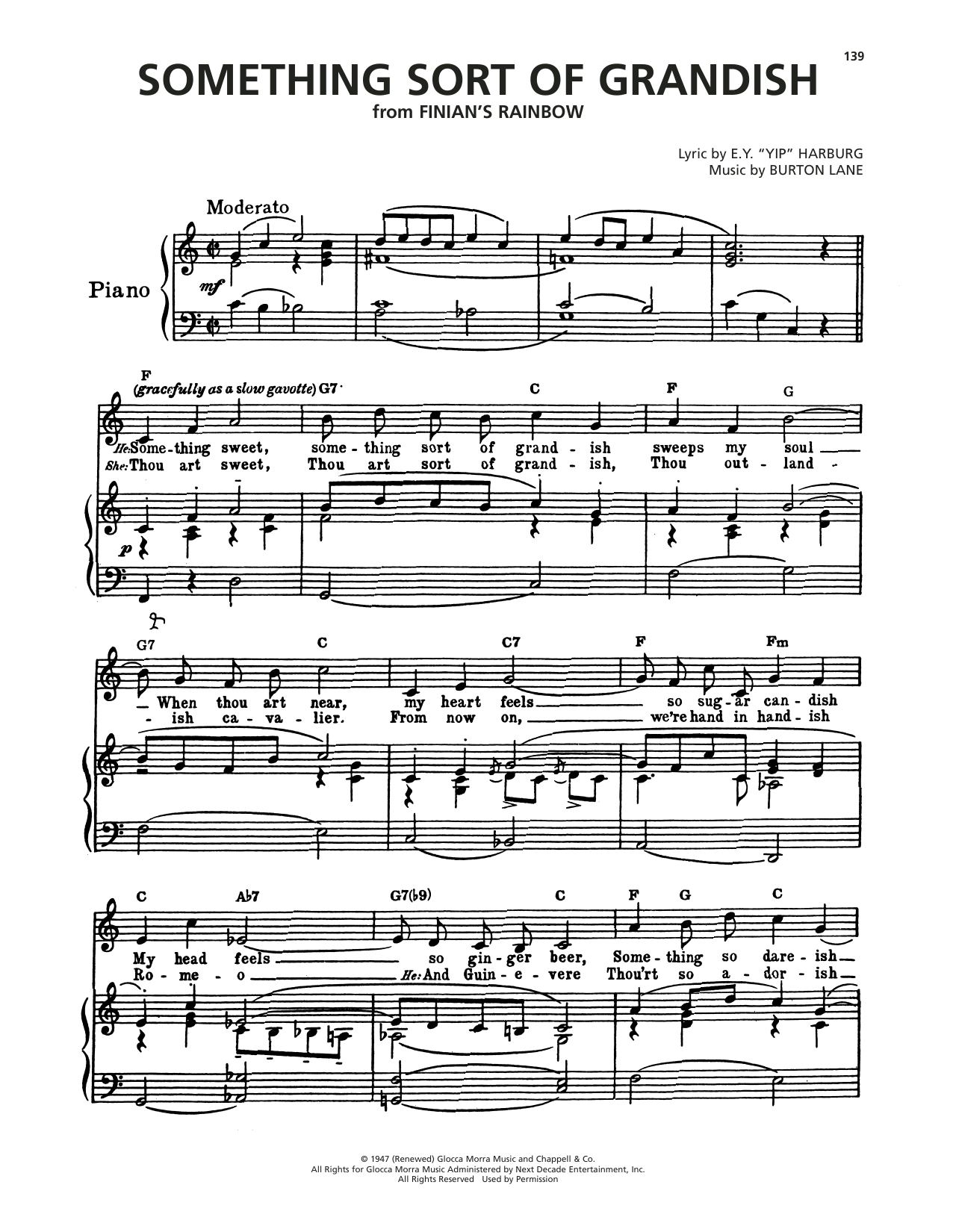 Download Burton Lane Something Sort Of Grandish (from Finian's Rainbow) Sheet Music and learn how to play Piano, Vocal & Guitar Chords (Right-Hand Melody) PDF digital score in minutes