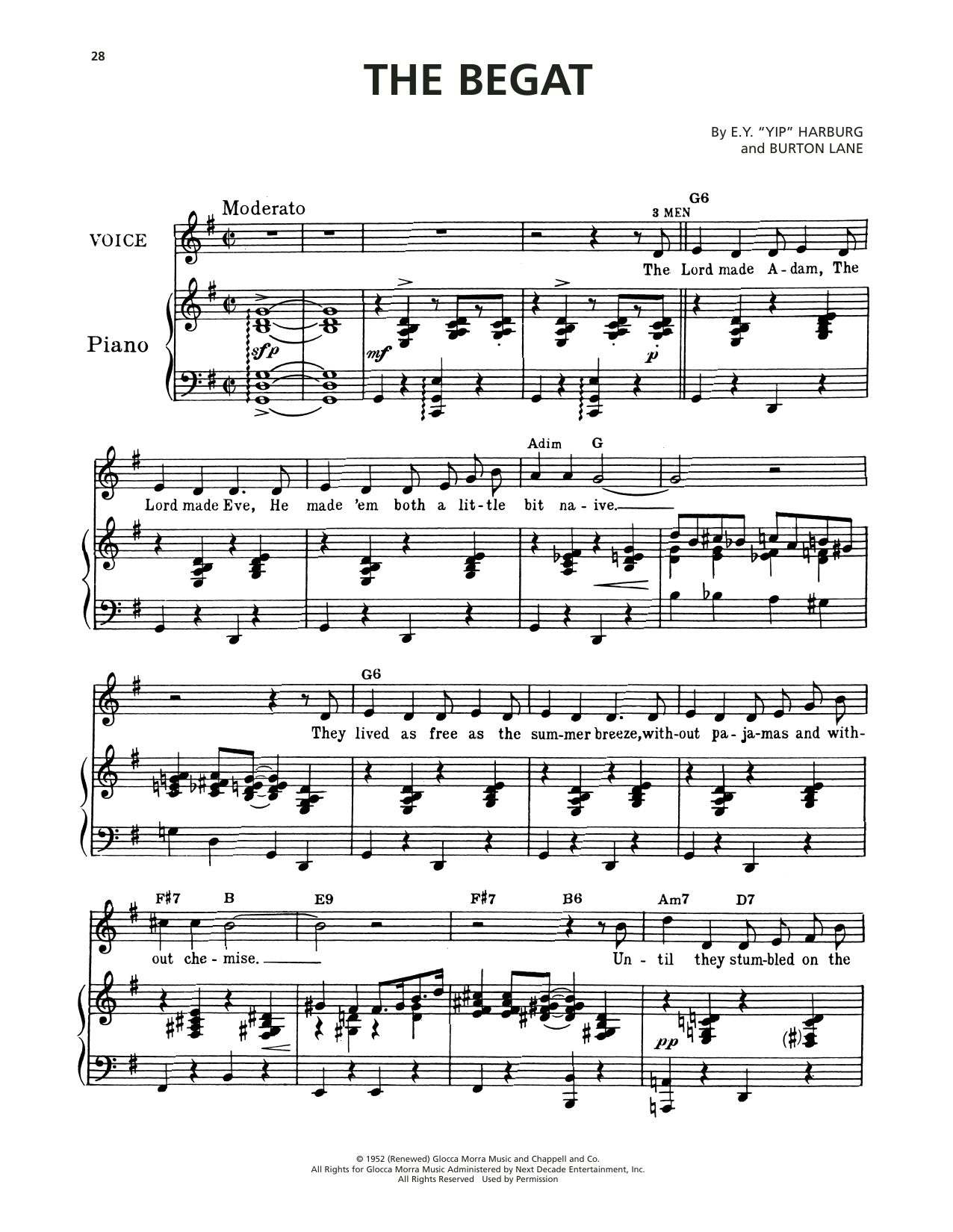 Download Burton Lane The Begat (from Finian's Rainbow) Sheet Music and learn how to play Piano, Vocal & Guitar Chords (Right-Hand Melody) PDF digital score in minutes