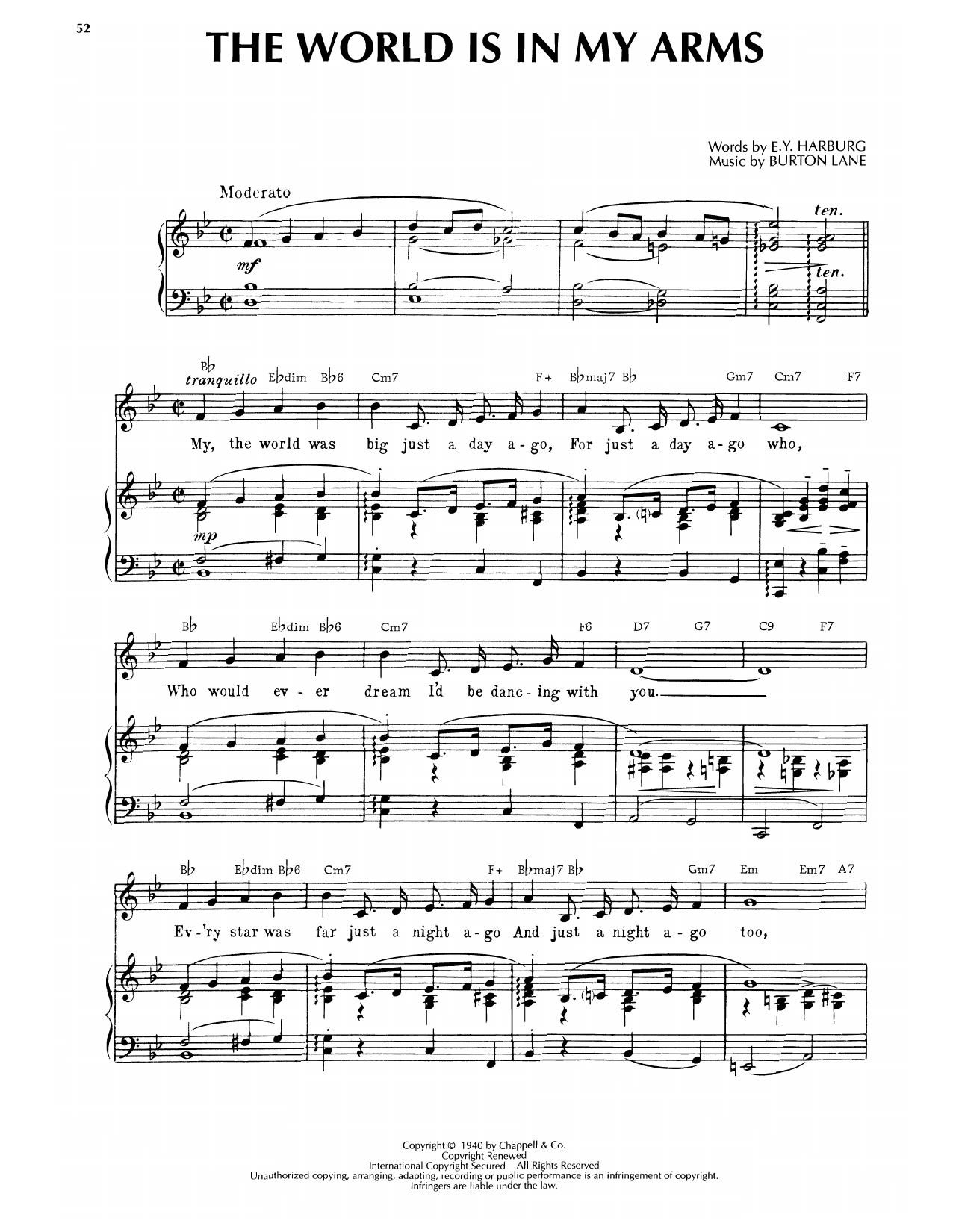 Download Burton Lane The World Is In My Arms Sheet Music and learn how to play Piano, Vocal & Guitar Chords (Right-Hand Melody) PDF digital score in minutes