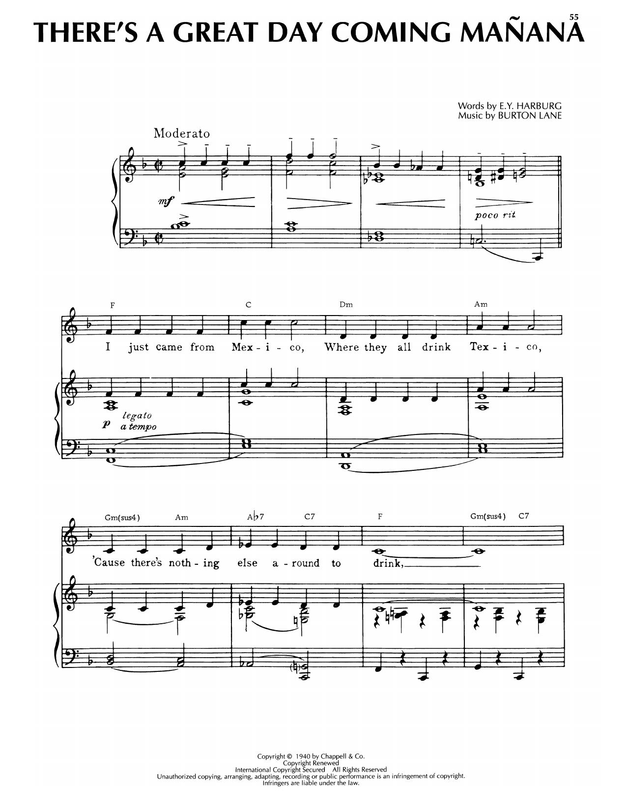 Download Burton Lane There's A Great Day Coming Manana (from Hold On To Your Hats) Sheet Music and learn how to play Piano, Vocal & Guitar Chords (Right-Hand Melody) PDF digital score in minutes