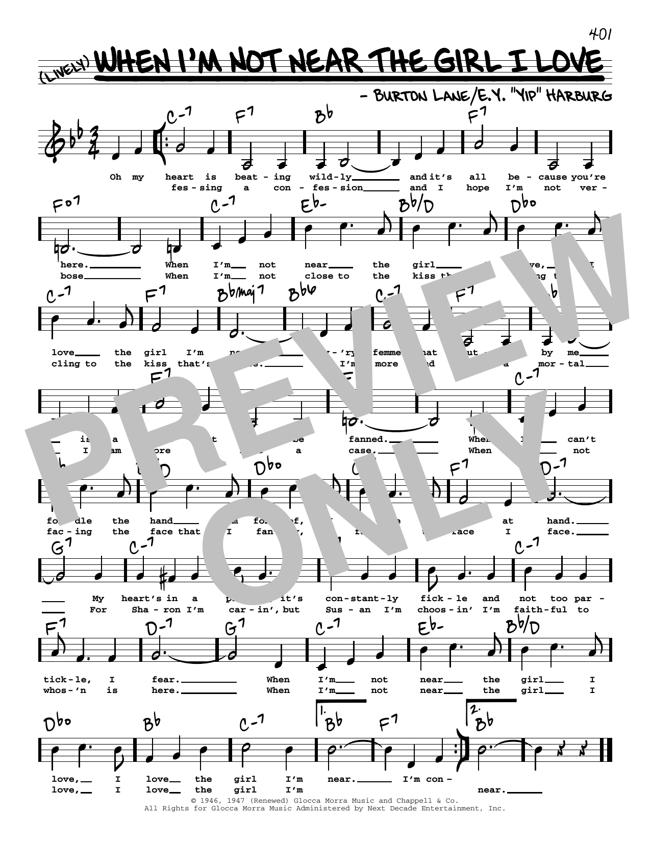 Download Burton Lane When I'm Not Near The Girl I Love (Low Voice) Sheet Music and learn how to play Real Book – Melody, Lyrics & Chords PDF digital score in minutes