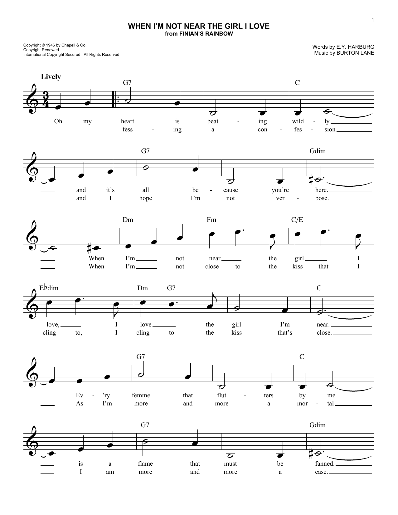 Download Burton Lane When I'm Not Near The Girl I Love Sheet Music and learn how to play Melody Line, Lyrics & Chords PDF digital score in minutes