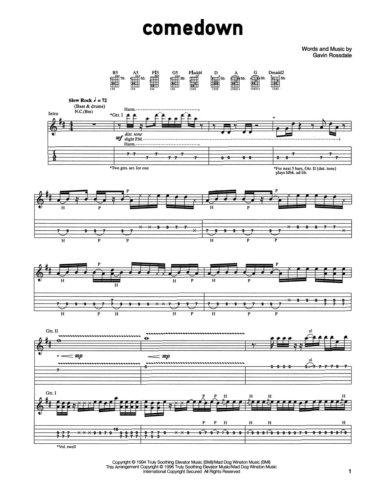 Download Bush Comedown Sheet Music and learn how to play Guitar Tab PDF digital score in minutes