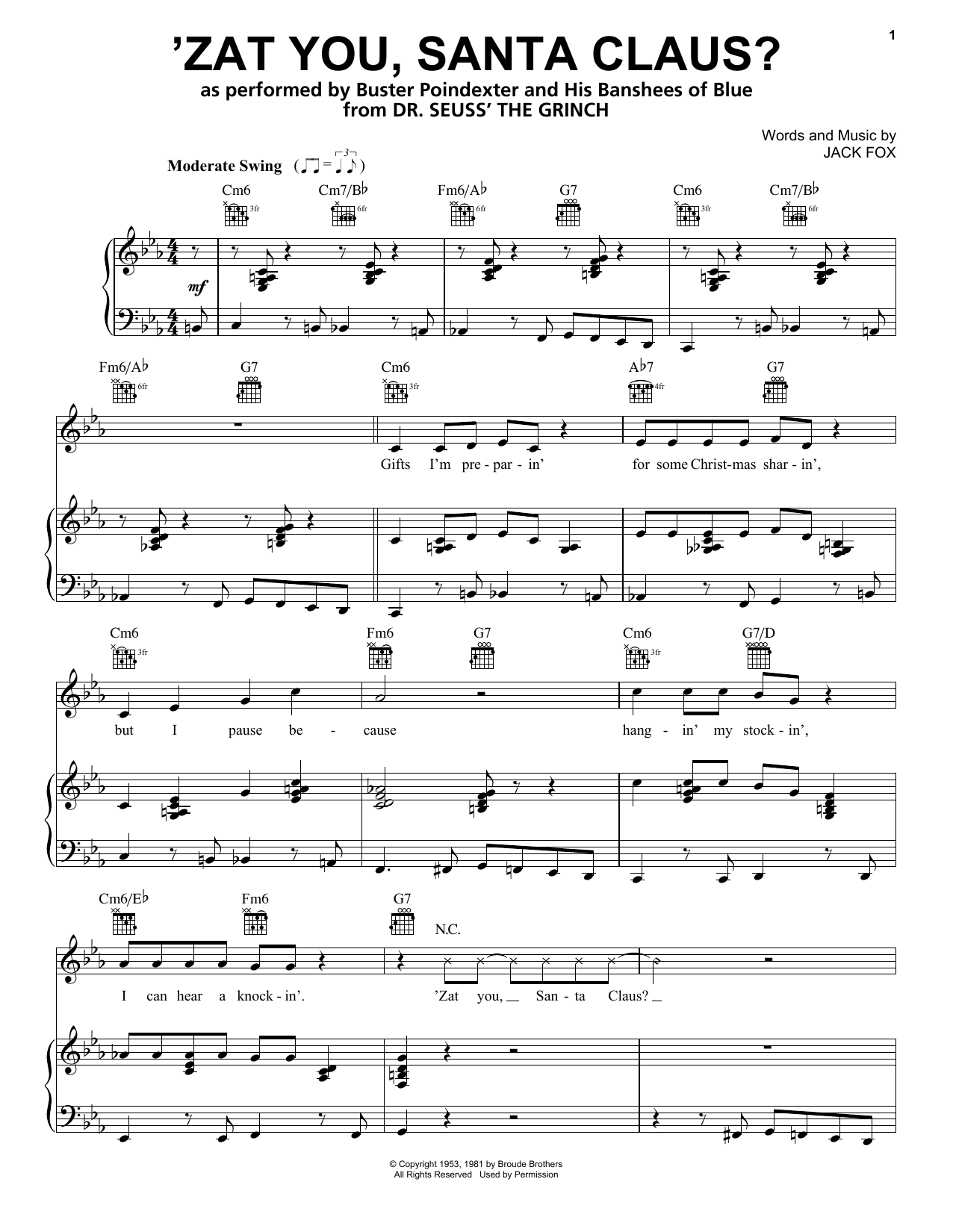 Download Buster Poindexter and His Banshees of Blue 'Zat You, Santa Claus? (from The Grinch) Sheet Music and learn how to play Piano, Vocal & Guitar Chords (Right-Hand Melody) PDF digital score in minutes