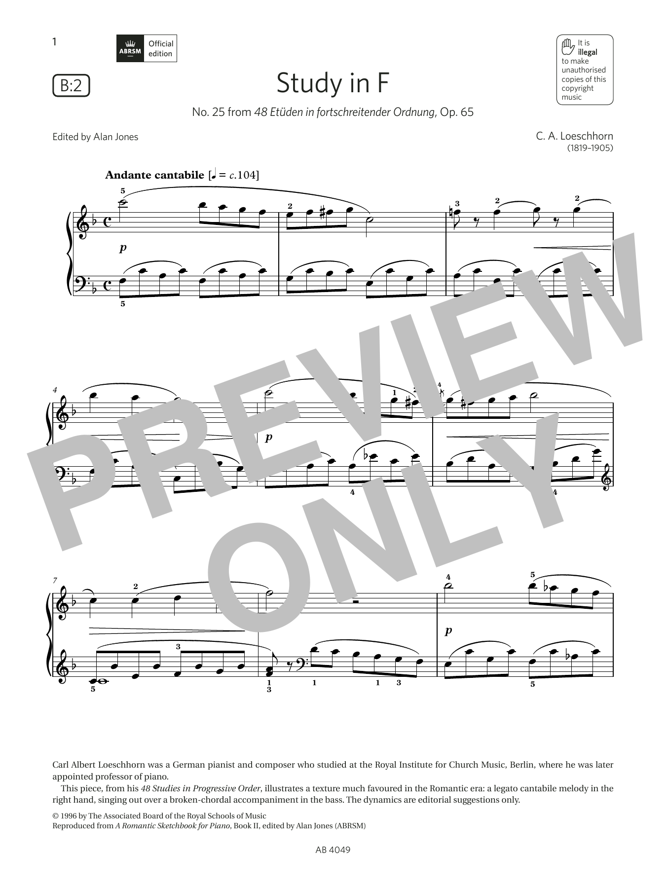 Download C A Loeschhorn Study in F (Grade 3, list B2, from the ABRSM Piano Syllabus 2023 & 2024) Sheet Music and learn how to play Piano Solo PDF digital score in minutes