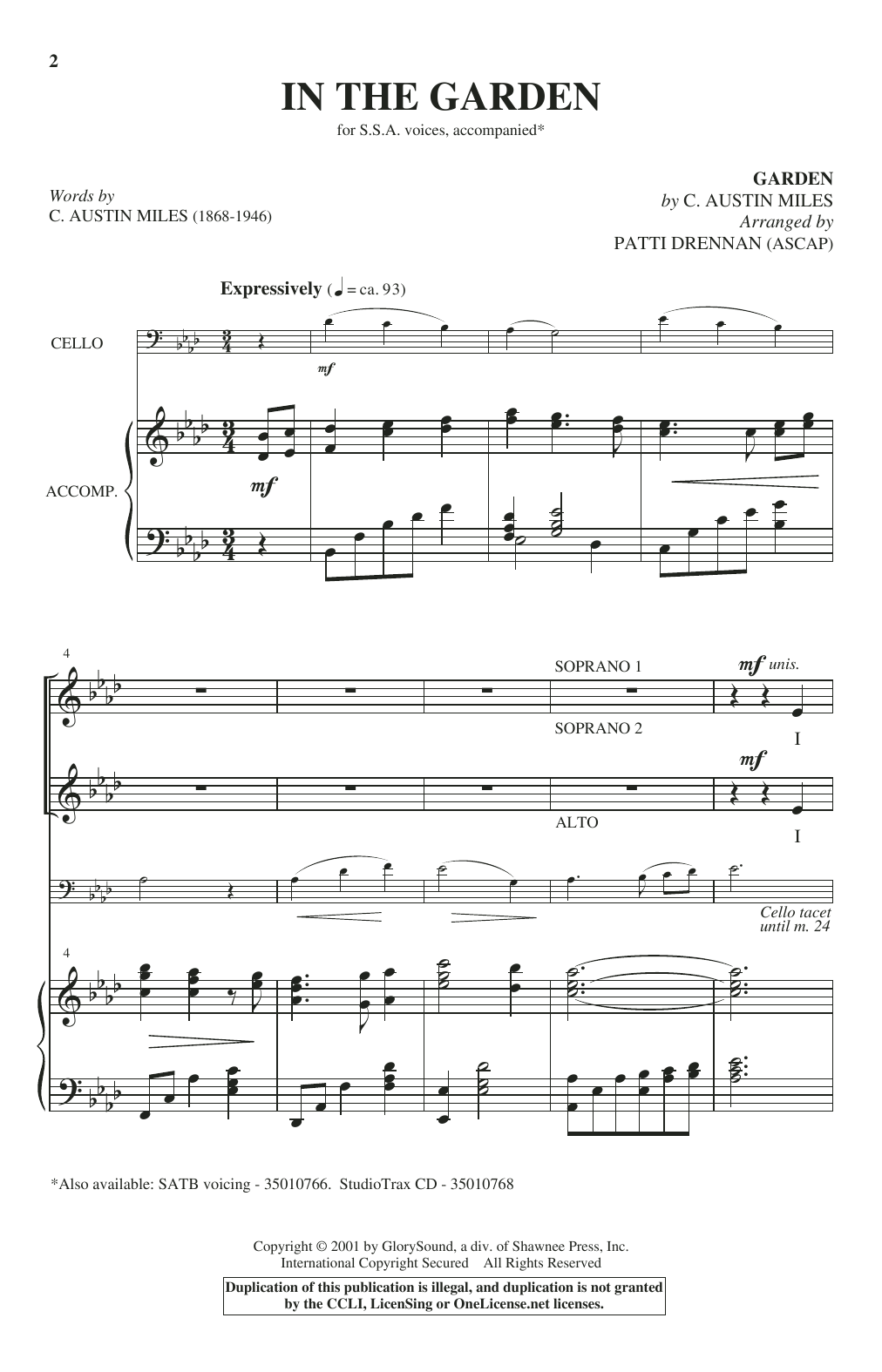 Download C. Austin Miles In The Garden (arr. Patti Drennan) Sheet Music and learn how to play SSA Choir PDF digital score in minutes