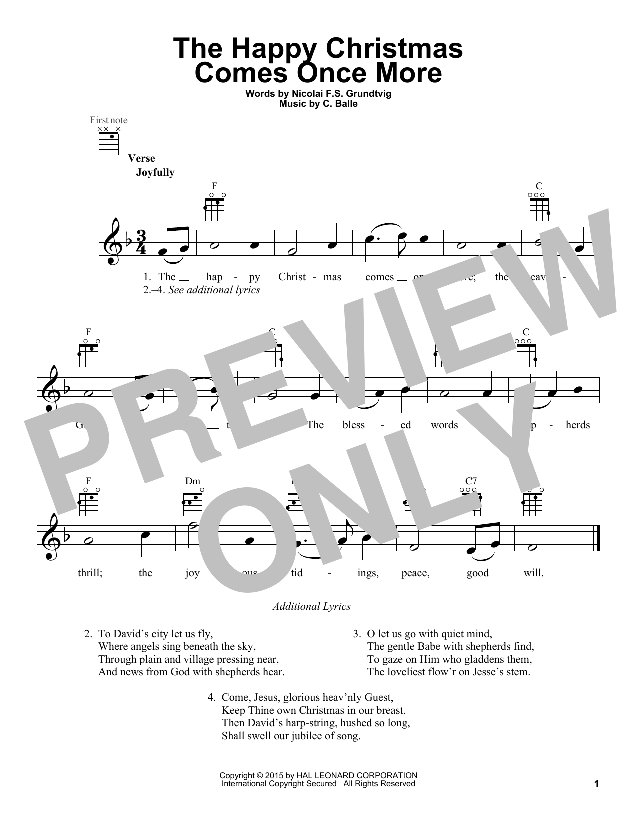 Download C. Balle The Happy Christmas Comes Once More Sheet Music and learn how to play Ukulele PDF digital score in minutes