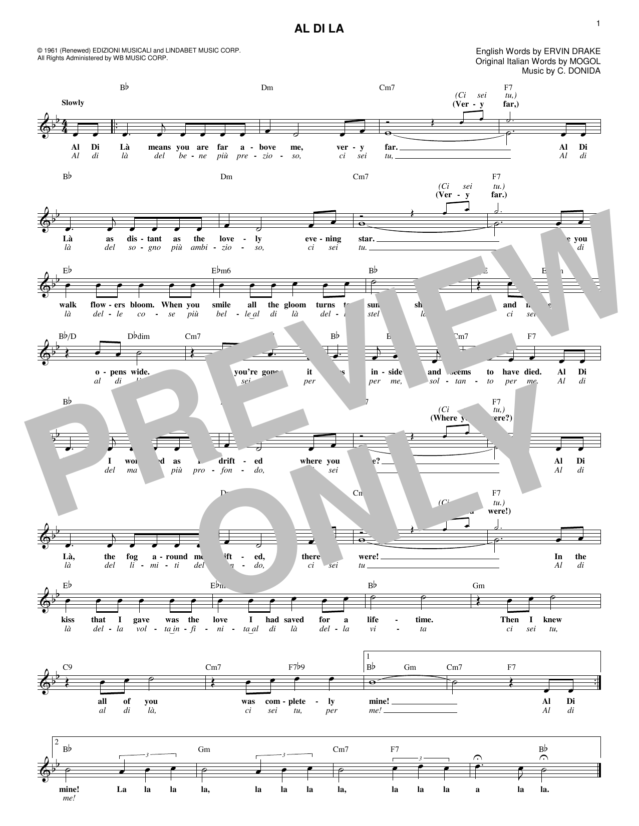 Download C. Donida Al Di La Sheet Music and learn how to play Real Book – Melody & Chords PDF digital score in minutes