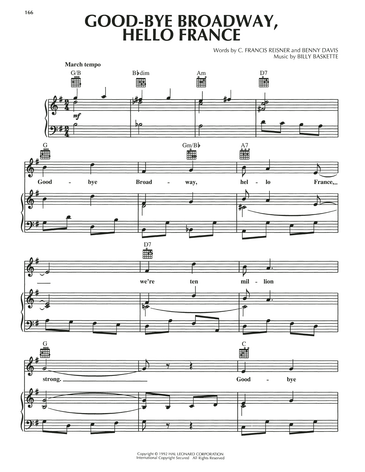 Download C. Francis Reisner Good-Bye Broadway, Hello France Sheet Music and learn how to play Piano, Vocal & Guitar Chords (Right-Hand Melody) PDF digital score in minutes