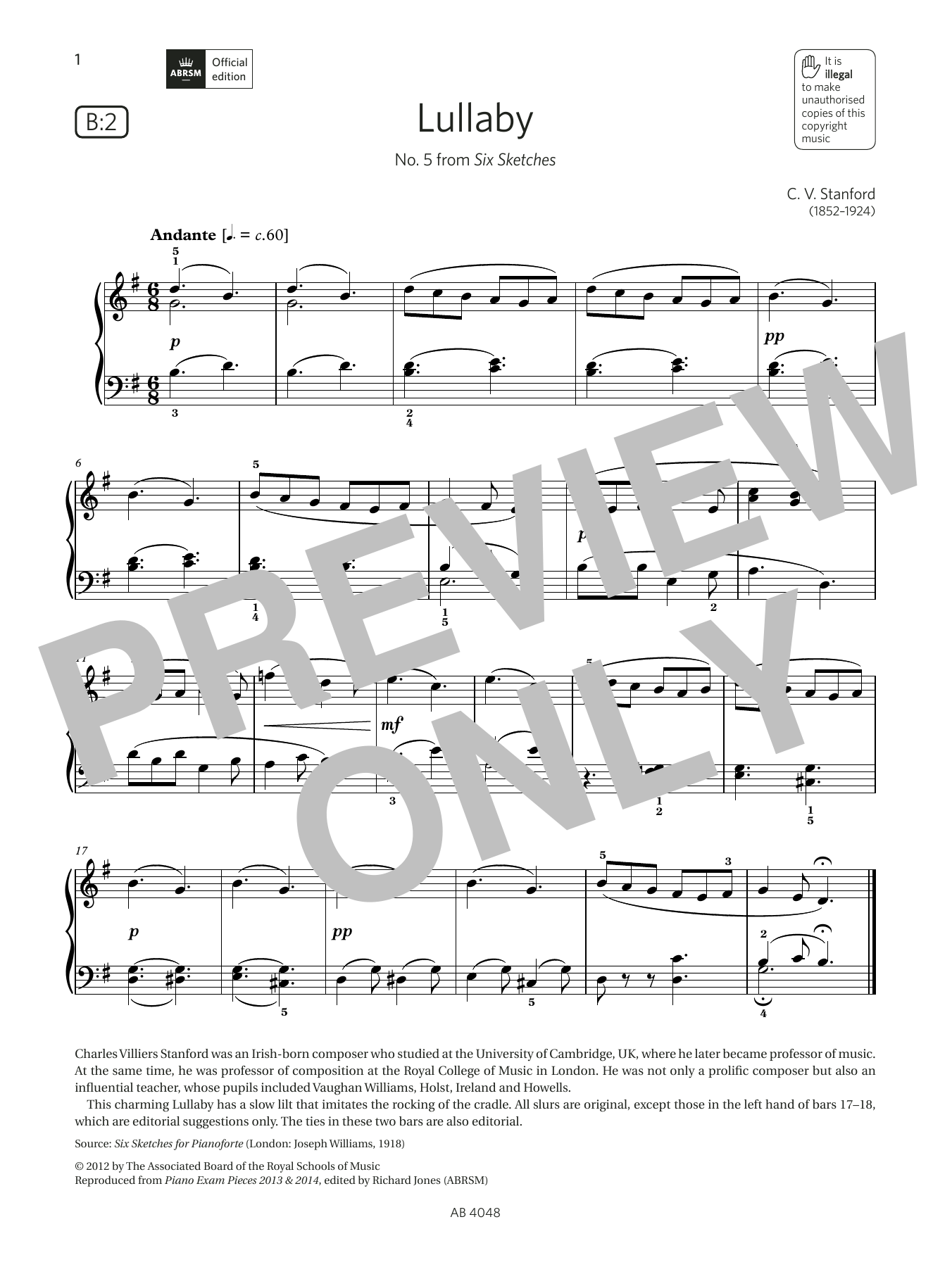 Download C V Stanford Lullaby (Grade 2, list B2, from the ABRSM Piano Syllabus 2023 & 2024) Sheet Music and learn how to play Piano Solo PDF digital score in minutes