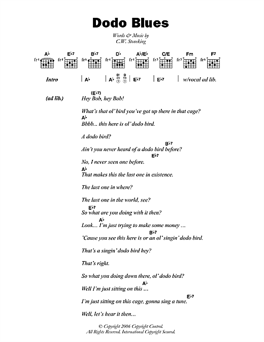 Download C.W. Stoneking Dodo Blues Sheet Music and learn how to play Lyrics & Chords PDF digital score in minutes