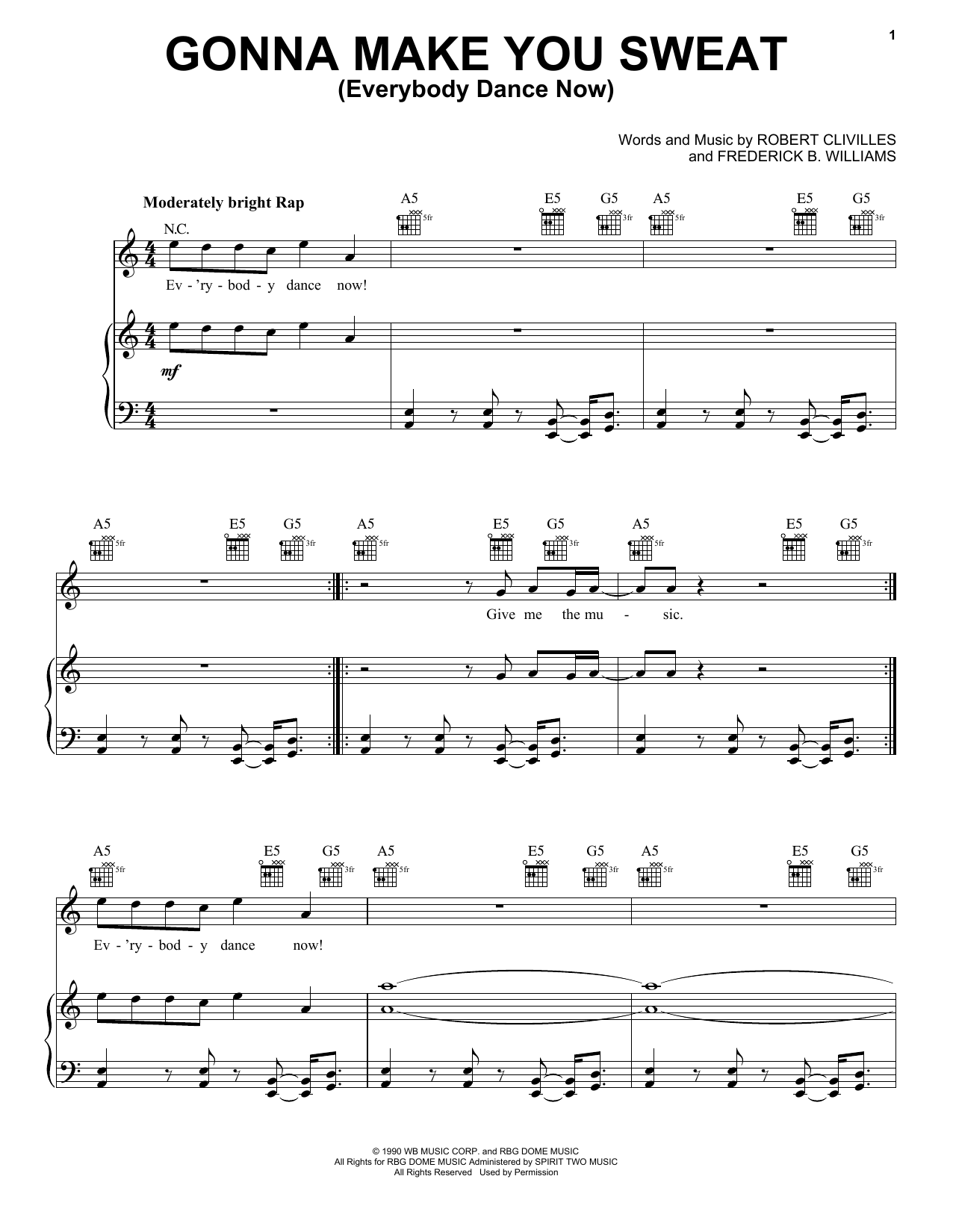 Download C+C Music Factory Gonna Make You Sweat (Everybody Dance Now) Sheet Music and learn how to play Piano, Vocal & Guitar (Right-Hand Melody) PDF digital score in minutes