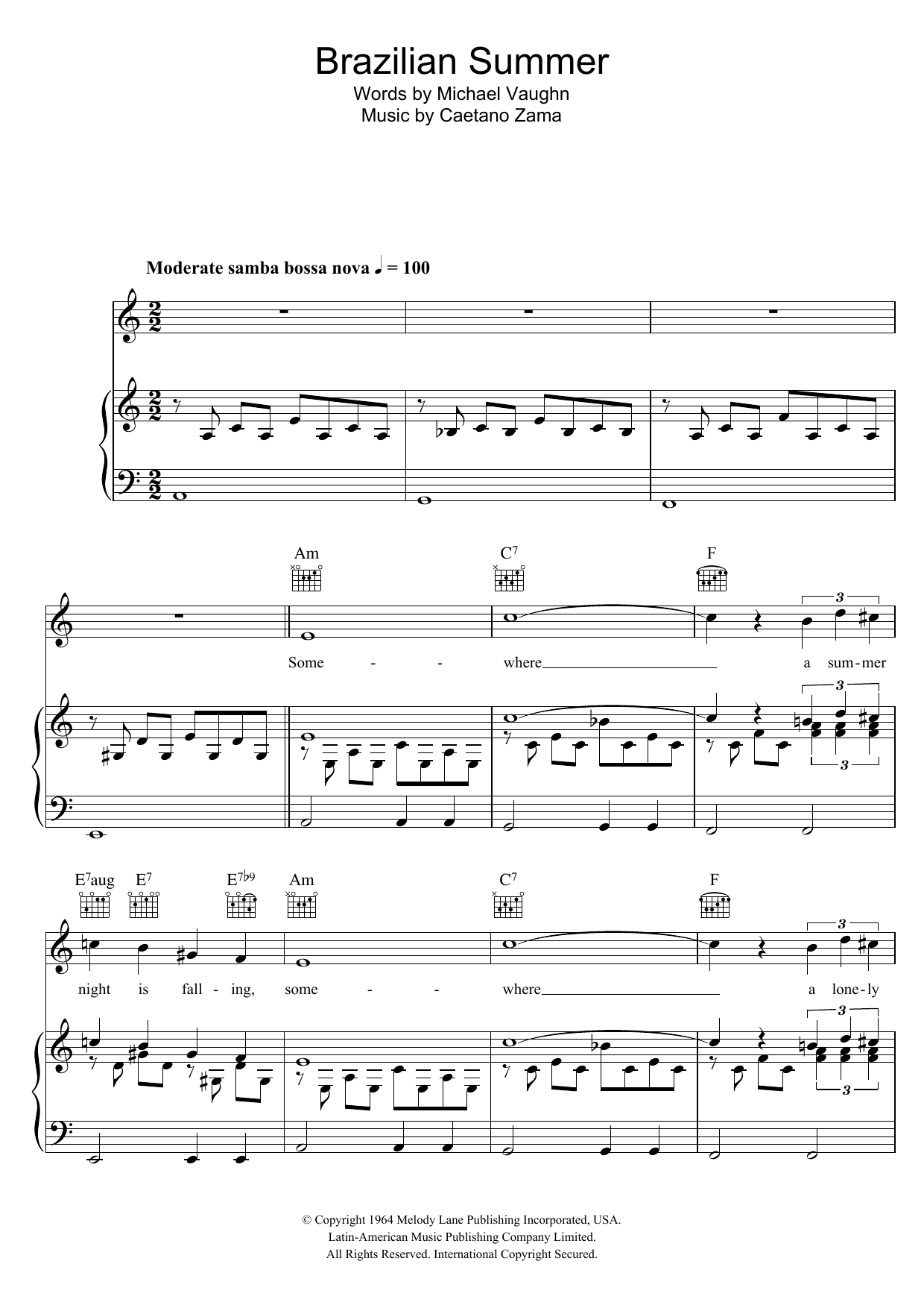 Download Caetano Zama Brazilian Summer Sheet Music and learn how to play Piano, Vocal & Guitar (Right-Hand Melody) PDF digital score in minutes