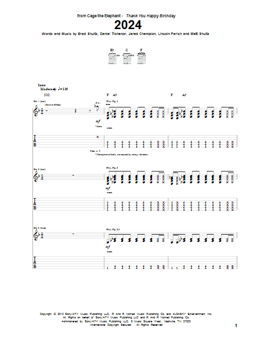 Download Cage The Elephant 2024 Sheet Music and learn how to play Guitar Tab PDF digital score in minutes