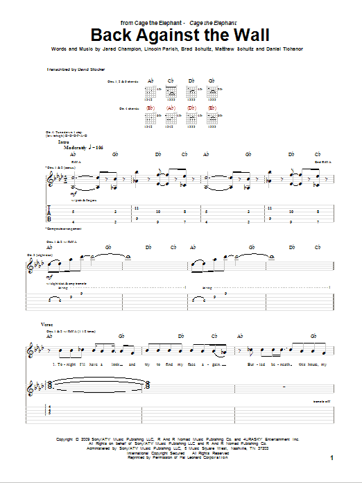 Download Cage The Elephant Back Against The Wall Sheet Music and learn how to play Guitar Tab PDF digital score in minutes