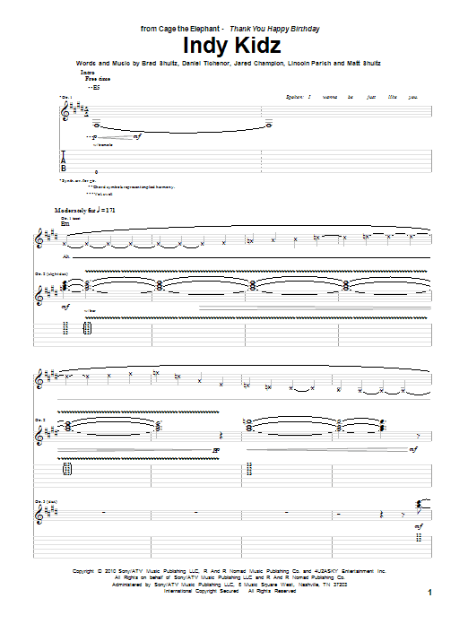 Download Cage The Elephant Indy Kidz Sheet Music and learn how to play Guitar Tab PDF digital score in minutes