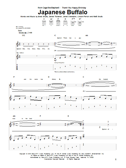 Download Cage The Elephant Japanese Buffalo Sheet Music and learn how to play Guitar Tab PDF digital score in minutes
