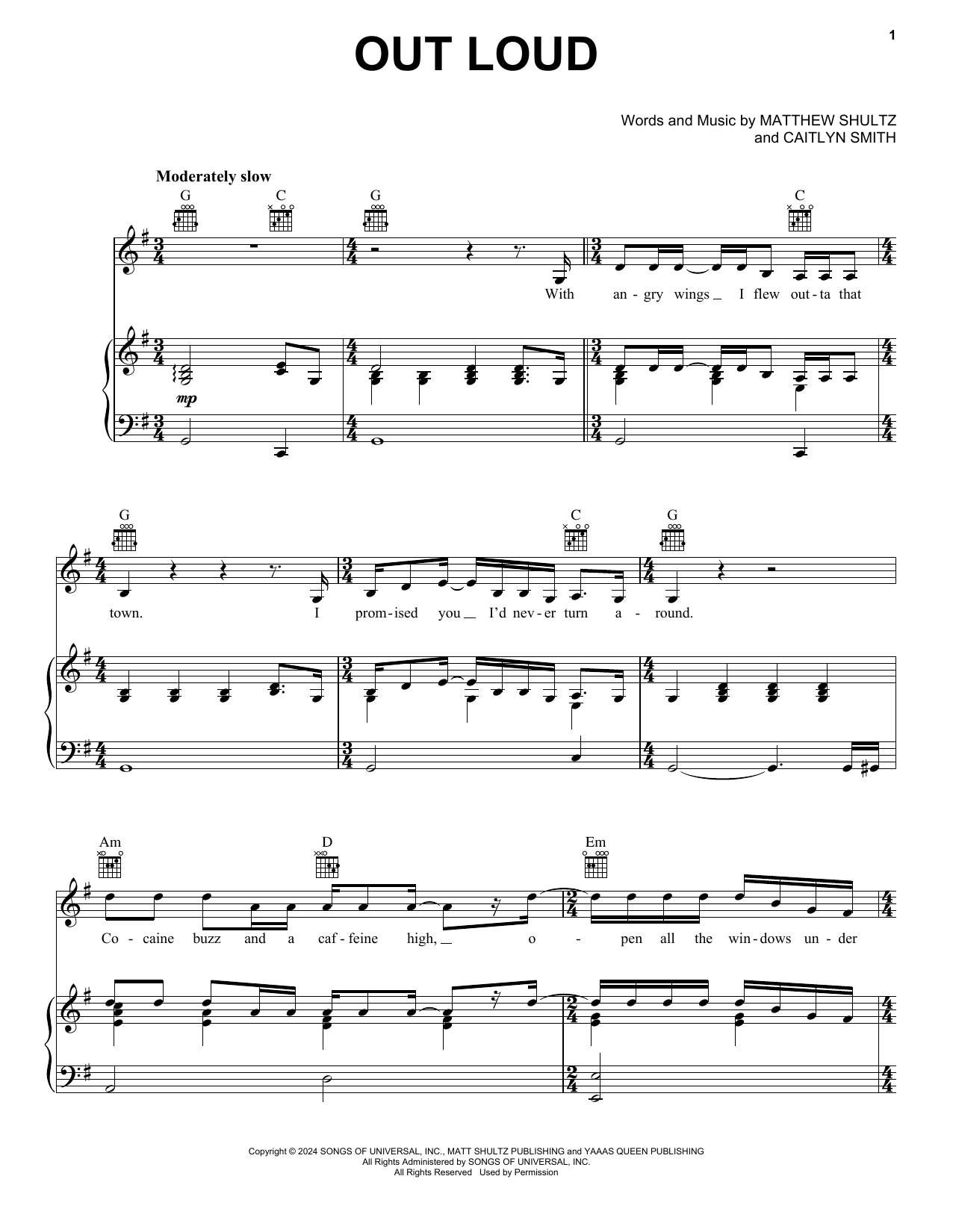 Download Cage The Elephant Out Loud Sheet Music and learn how to play Piano, Vocal & Guitar Chords (Right-Hand Melody) PDF digital score in minutes