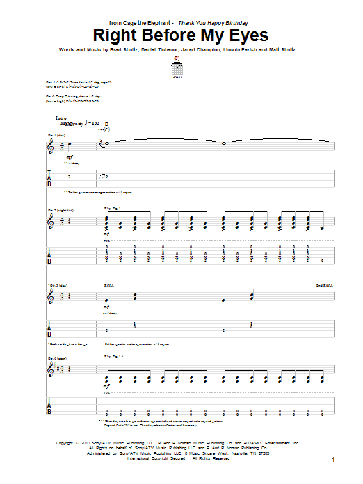 Download Cage The Elephant Right Before My Eyes Sheet Music and learn how to play Guitar Tab PDF digital score in minutes